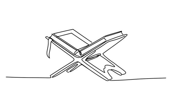 Continuous single line drawing of an open quran book on a wooden stand