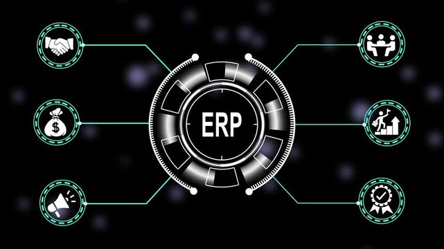 Enterprise resource planning erp system software concept animation featuring futuristic hud interface with business and management strategy data connected on black background