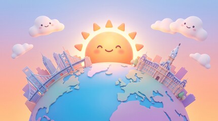 Naklejka premium A 3D cartoon illustration of the Philadelphia city skyline, featuring City Hall and the Ben Franklin Bridge, on a miniature Earth globe with a cheerful smiling sun and cute clouds during a soft pastel