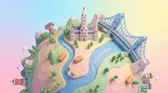 A cute 3D clay-style illustration of a miniature world representing Philadelphia, featuring City Hall, the Ben Franklin Bridge, the Liberty Bell, rivers, and cheesesteaks against a soft pastel gradien