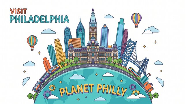 A colorful vector cartoon illustration of the Philadelphia city skyline, featuring City Hall and the Ben Franklin Bridge on a mini Earth globe with the text "VISIT PHILADELPHIA" and "PLANET PHILLY".