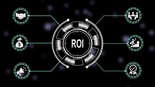 Animated roi return on investment business concept hud interface with financial handshake growth and marketing strategy symbols on dark technological background, for corporate presentations