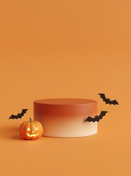 A round product display podium with a glowing jack o lantern and black paper bats on orange background