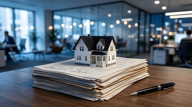 Miniature house model placed on stack of real estate legal contracts at busy office desk.