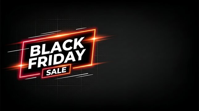 Black friday sale banner with glowing neon frame on dark background
