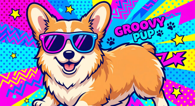 Groovy Pup Cool Corgi Dog with Sunglasses in Retro Pop Art Style