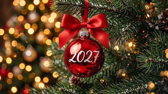 Red Christmas Ornament with 2027 Number on Pine Tree Branch with Festive Bokeh Lights