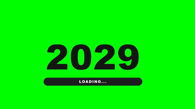 Flat vector new year loading transition like the reference on solid chroma green background with NO shadows at all: huge black bold digits 2 0 static with equal spacing; last two digits start as black