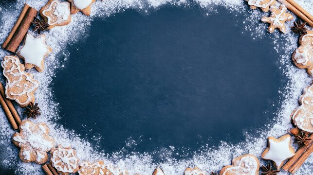 Christmas gingerbread cookies frame with cinnamon sticks and snow on dark background