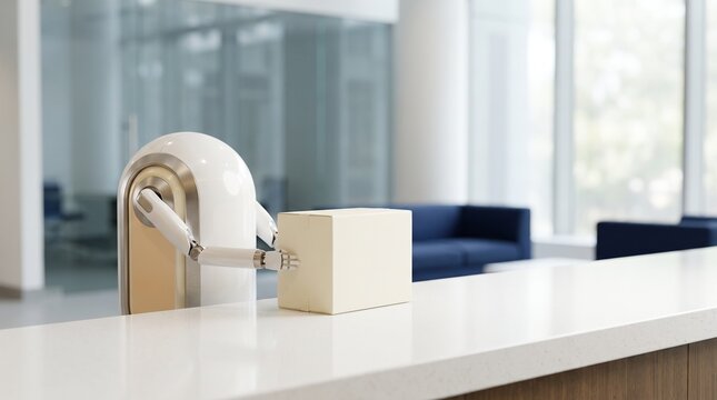 Autonomous service robot placing small package on reception desk counter in modern lobby