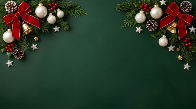 A festive christmas border with ornaments ribbons and evergreen branches for holiday cheer