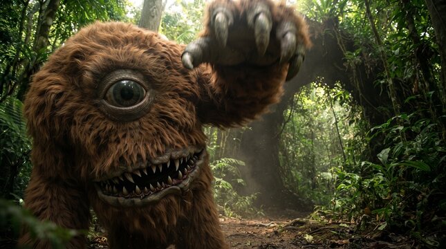 Mapinguari monster from Brazilian native folklore reaching out in a tropical jungle