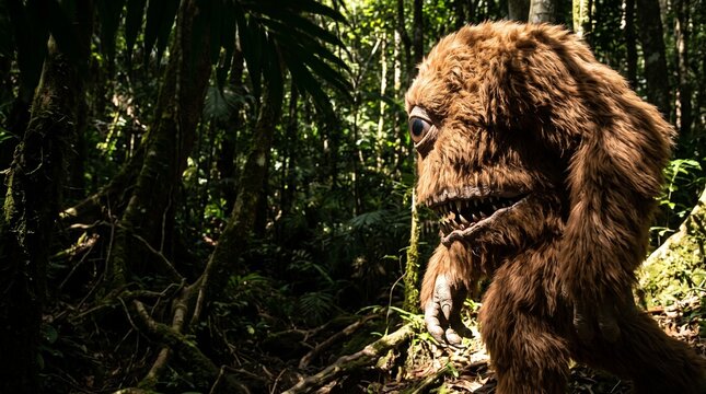 Side profile of the legendary Mapinguari from Amazonian indigenous mythology wandering the rainforest