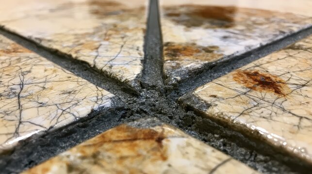 Close up of weathered stone floor tiles with dark grout lines and cracked marble texture.