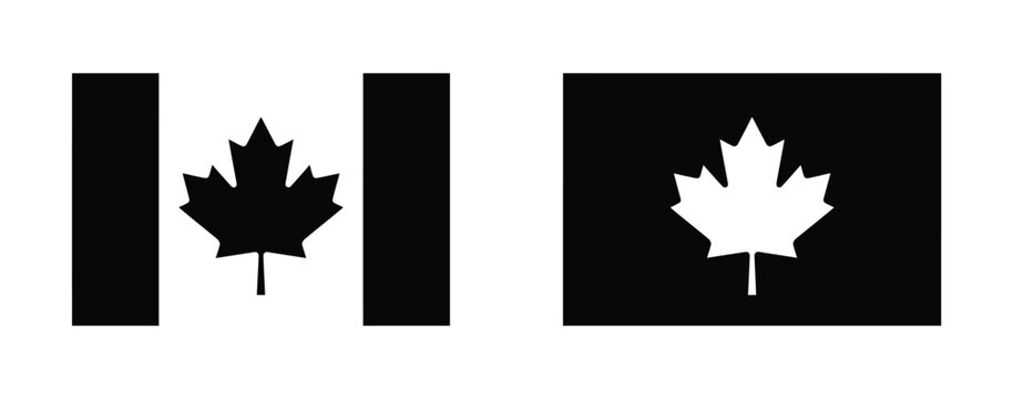 Two stylized black and white graphic icons representing the canadian flag with a maple leaf design isolated on a clean white background for