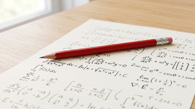 A red pencil rests on a sheet filled with handwritten mathematical formulas and equations on a wooden desk.