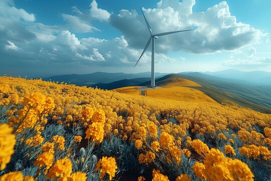 wind turbines farm: hill full of yellow flowers with a wind turbine on top, agriculture and modern technology