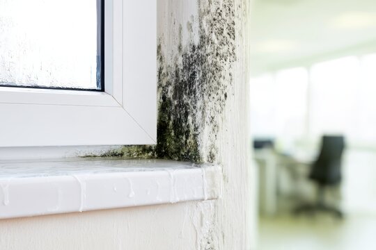 Black mold growth on a white interior wall near a window frame in a residential home