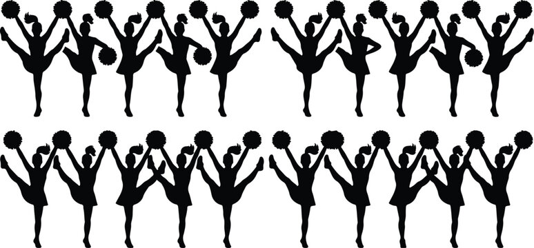 Cheerleader silhouette group pattern featuring dancing athletes with pom poms performing synchronized high kicks