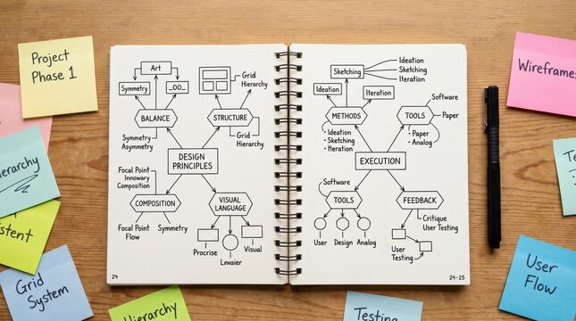 Open notebook with a detailed mind map on design principles, structure, methods, execution, and feedback, surrounded by colorful sticky notes and a pen on a wooden desk.