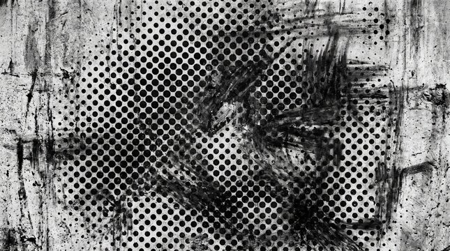 Black and white halftone grunge texture with abstract brush strokes, distressed urban surface, dotted pattern, scratched paint, monochrome industrial background and artistic rough design