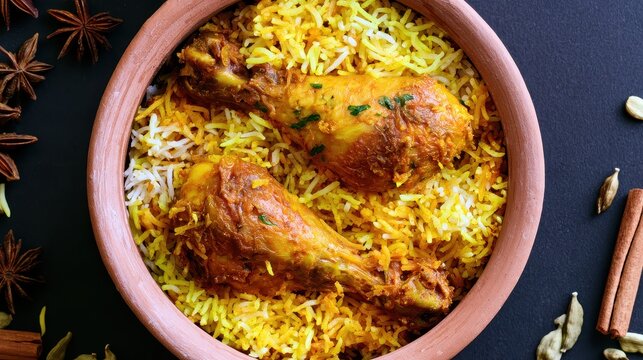 Overhead view of traditional chicken biryani served in a rustic clay pot on dark background