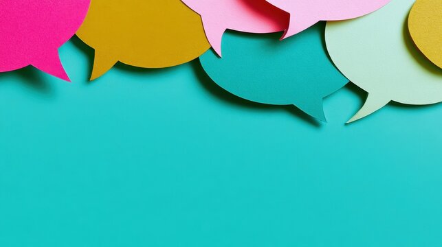 Colorful paper speech bubbles on teal background for communication and social media concepts