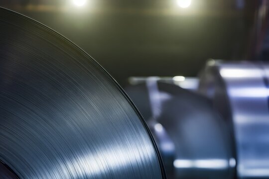 Industrial steel coils stacked in a warehouse for manufacturing and heavy metal production.
