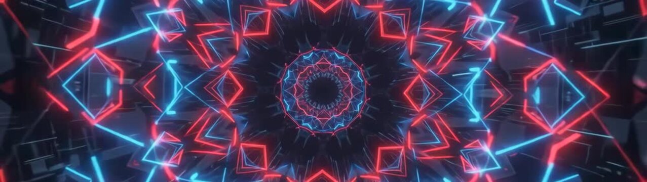 Cyberpunk digital tunnel with neon mandala pattern futuristic data flow and glowing geometric light effects in a motion for sci fi background.