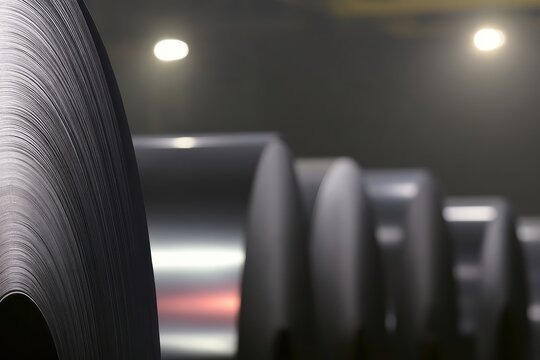 Stacked industrial steel coils in a warehouse, metal manufacturing and production facility.
