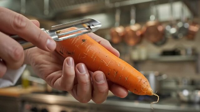 Professional chef's hands precisely peeling a fresh, organic orange carrot with a sharp hand peeler in a bright kitchen environment.