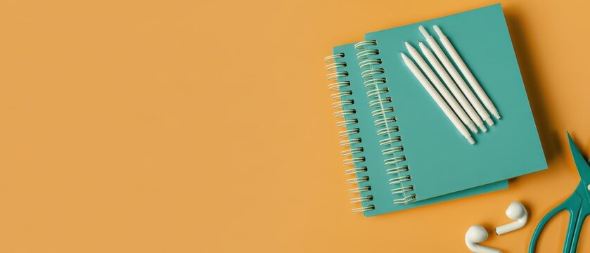 Stationery items with teal notebooks and pencils on a vibrant orange background flat lay