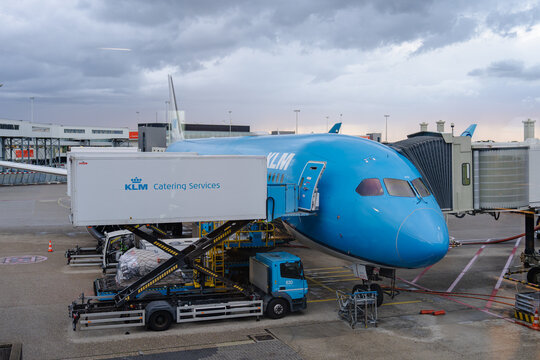 August 21, 2026, Amsterdam, Netherlands - KLM Boeing 787 Dreamliner being catered at Amsterdam Schiphol Airport