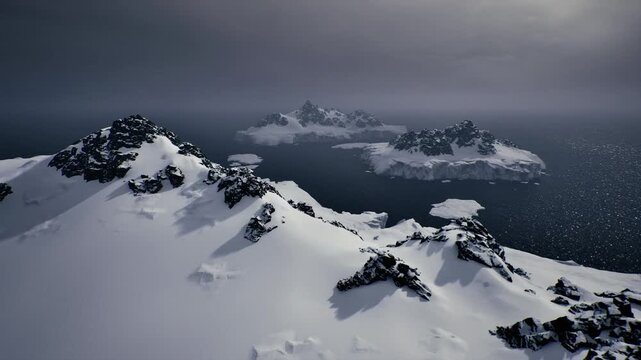 frozen archipelago beyond snowy promontory. distant islands and scattered ice floes frame cold sea, excellent for nautical mapping, expedition planning,