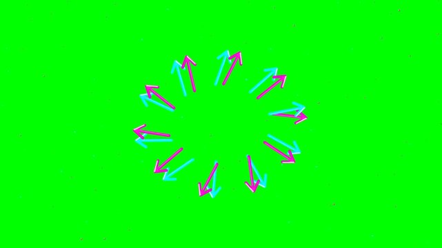 3D neon arrow ring rotation spinning forward POV green screen animation