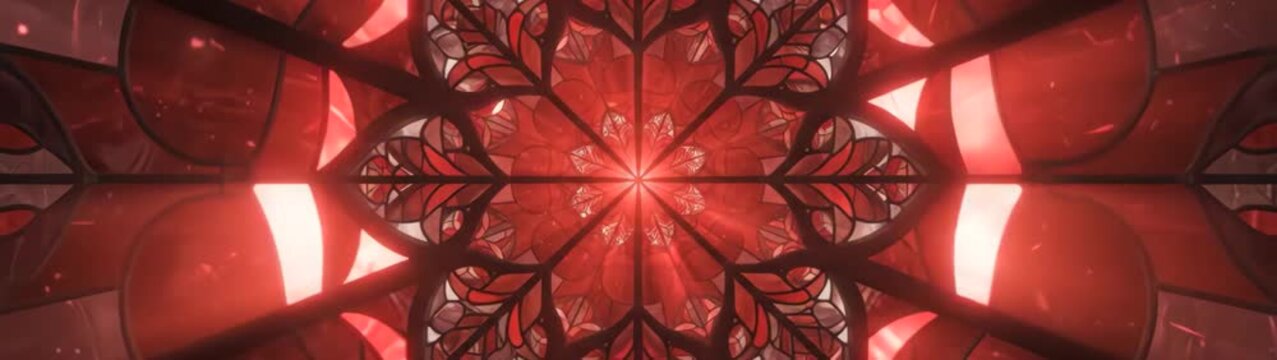 Religious spirituality and faith concept red stained glass window with intricate floral patterns and glowing light cinematic architectural detail.