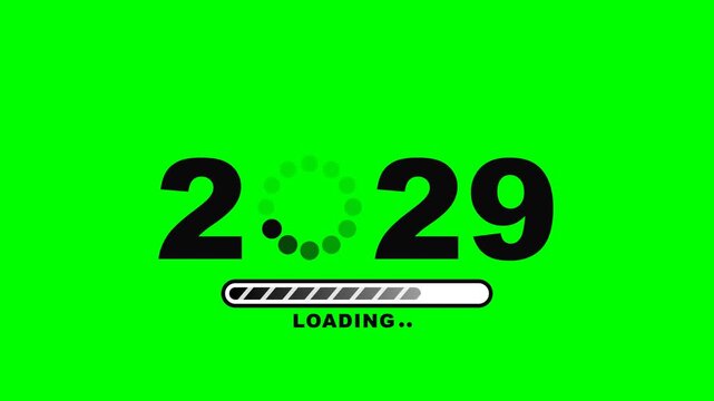 Flat vector 2029 loading screen like the reference on solid chroma green background with no shadows: huge black bold digits 2 2 9 where the zero is replaced by a circular spinner of twelve dots, all g