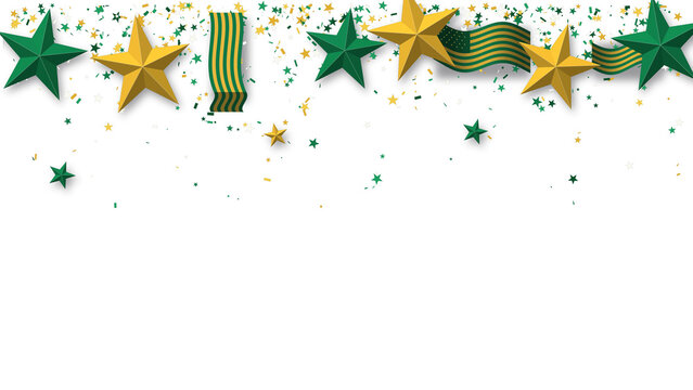 3D green and gold stars top border with confetti and striped ribbons. Festive header frame decoration with copy space on white background.