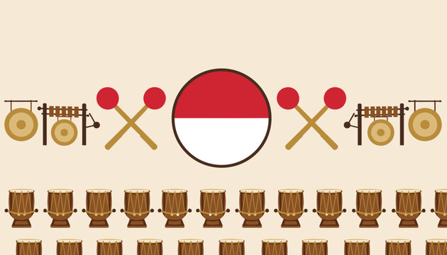 Cultural background celebrating Indonesia with traditional kendang drums, gongs, and the national flag symbol.