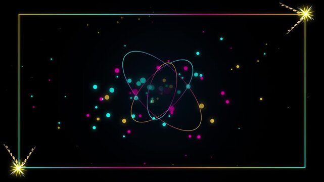 Colorful neon loops rotating on black background with glowing particles and a sparkling border frame
