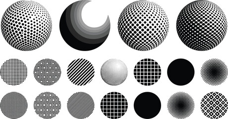 3D sphere vector collection displaying halftone dots crescent gradient globe geometric grids and striped circular patterns © MDNUR