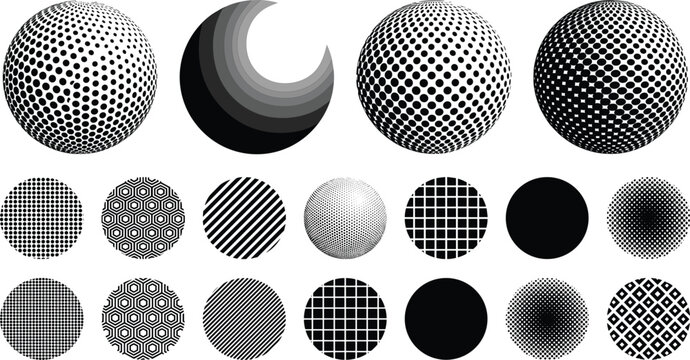 3D sphere vector collection displaying halftone dots crescent gradient globe geometric grids and striped circular patterns