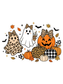 Cute halloween ghosts and pumpkins with leopard print bows halloween background