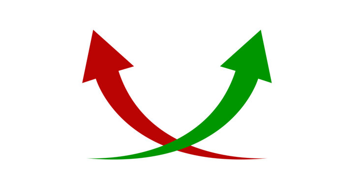 Dynamic red and green curved arrows crossing, symbolizing opposing trends, market fluctuations, or comparative data growth.