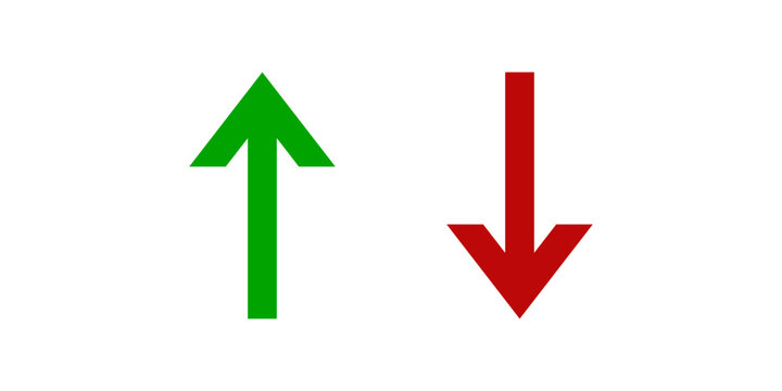 Contrasting green upward arrow and red downward arrow, symbolizing increase, decrease, growth, or decline in data.