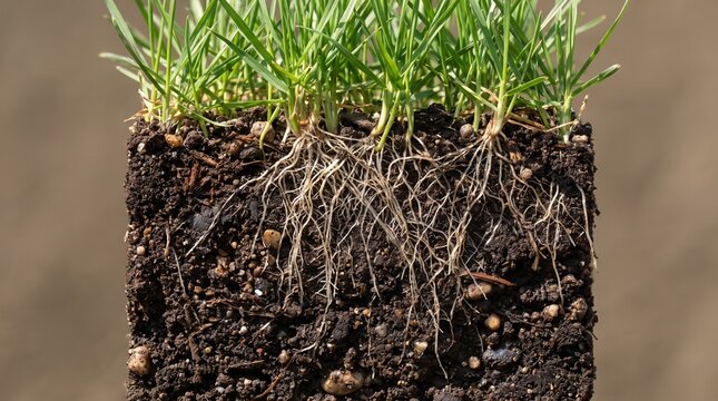 Close-up of green grass roots growing in a square block of fertile soil cross-section
