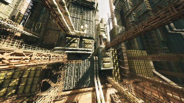 sunlit vertical industrial city with pipes. towering metal structures form intricate network of girders, walkways, conduits warm golden light emphasizes rusted