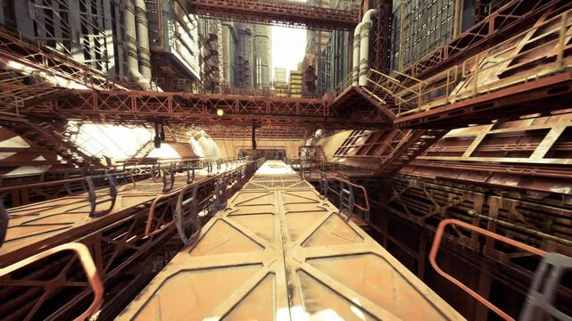 sunlit industrial catwalk inside massive ship metal grating overhead beams warm light detailed pipes and rivets creating contrast and depth