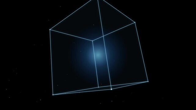Rotating 3D wireframe cube with glowing core digital abstract background, animation