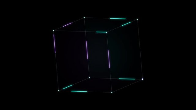 Rotating neon wireframe cube abstract 3D geometric shape animation